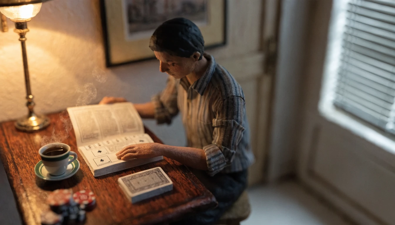 Speler bestudeert spelregels met kaarten en fiches op tafel